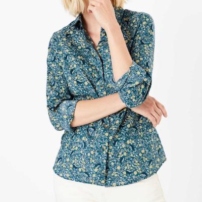 China Custom Made High Quality Slim Fit Women's Cotton Anti-Pilling Blue Floral Printed Shirt Blouses for sale