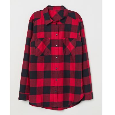 China Custom Anti-pilling Ladies Long Sleeve Cotton Red Black Plaid Checked Blouses Shirts for sale