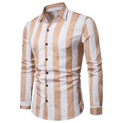 China MTM anti-pilling shirt maker announced big khaki and white striped shirt for men for sale