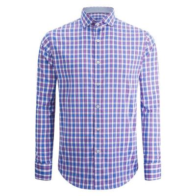 China MTM Anti-Pilling Shirt Manufacturer Spread Collar Long Sleeve Pink & Blue Checked Cotton Dress Shirt for sale