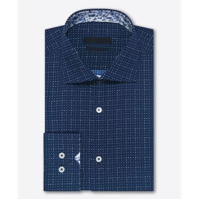 China Anti-pilling Custom Made Spread Collar Navy Long Sleeve Printed Cotton Dress Shirt for sale