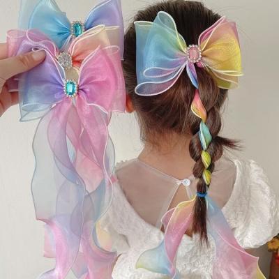 China Kids Princess Hair Slides Laser Gradient Color Gradient Color Hair Clips Ribbon Barrettes Bowkont Hair Pin For Kids for sale