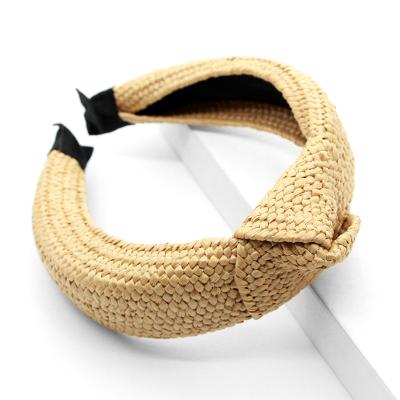 China Environmental Friendly JOJO Yellow Hairdband Knot Head Band Woven Raffia Headband Hair Accessories for sale