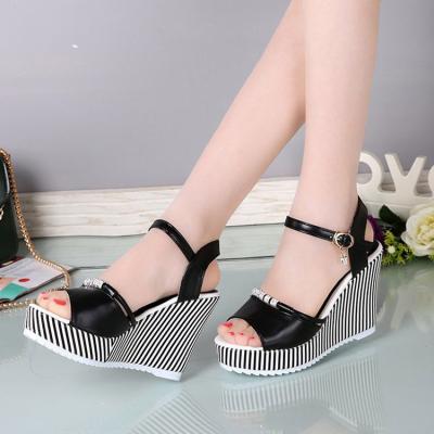 China Other Stunning Black White Stripe Platform Wedge Heel Sandals High Slip On Summer Slippers For Ladies Sexy Elegant Shoes Custom for sale