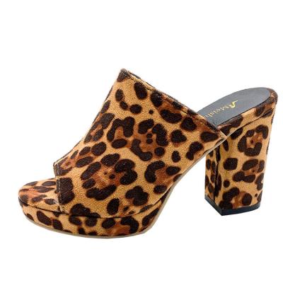 China Cushioning Leopard Print Suede Ladies Slippers Latest High Thick Heeled Women's Shoes And Sandal for sale