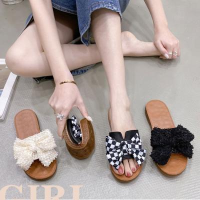 China Cushioning Square External Toe Silk Bow Flat Slippers Casual Women's Sandals for sale