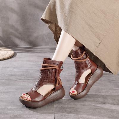 China Sandals Summer Shoes Woman Wedges Waterproof Genuine Leather Handmade High Heel Shoes Retro Real Cow Leather Ladies Shoes 6058 for sale