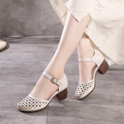 China Genuine Cavity Med Heel Handmade Summer Sandals Women's Retro Leather Shoes Woman Breathable Genuine Leather Shoes Woman Breathable Ladies Shoes for sale