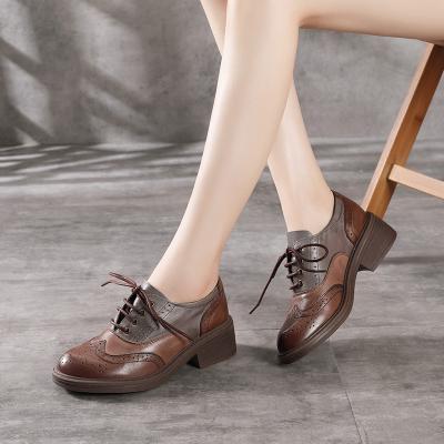 China Anti-Slippery Bullock Oxford Genuine Leather Women's Shoes Women's Square High Heel Pumps Scare Ladies Leather Shoes 89611 for sale