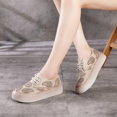 China Retro Breathable Genuine Leather Women's Shoes Woman Hollow Breathable Trifle With Heel Fashion Leisure Girl Shoes 5108-1 for sale