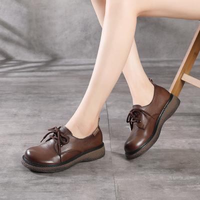 China British Style Retro Handmade Genuine Leather Shoes Woman Heel Women Anti-slippery Lace-up Flats Scare Ladies Leather Shoes 80818 for sale