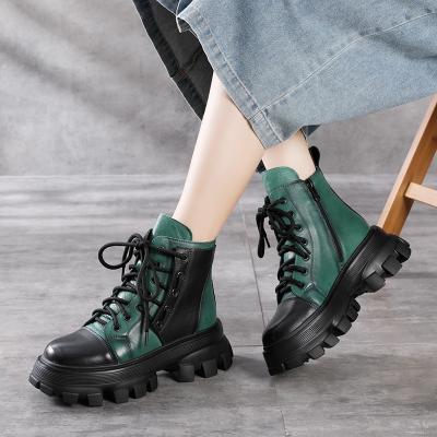 China Handmade Genuine Leather Shoes Woman Anti-Slippery Short Boots Retro Scare Winter Boots High Heel Platform Ladies Leather Ankle Boots 30399 for sale