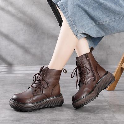 China Retro Real Handmade Cow Leather Shoes Woman Anti-Slippery Genuine Leather Winter Boots Soled Platform Wedge Ladies Thick Ankle Boots 919 for sale