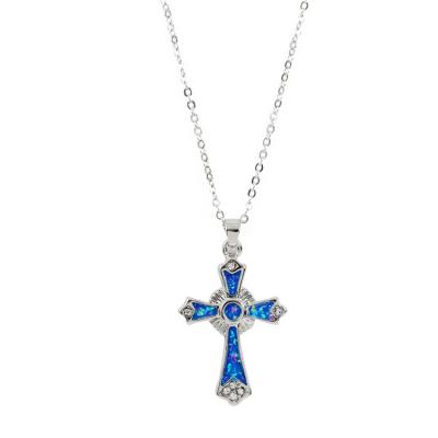 China CLASSIQUE 2020 Hotselling Women Silver Geometric Blue Opal Cross Pendant Necklace Chain for sale