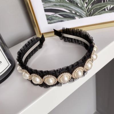 China Cloth+Pearl Korean Net Female Dot Pleated Edge Thin Hairband Cloth+Pearl Hairband Yarn Pearl Headband Large for sale