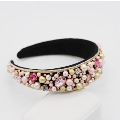 China Fashion Hand-sewn New Baroque Cloth+Pearl Rhinestone Pearl Headband Colorful Gorgeous Party Hair Band for sale