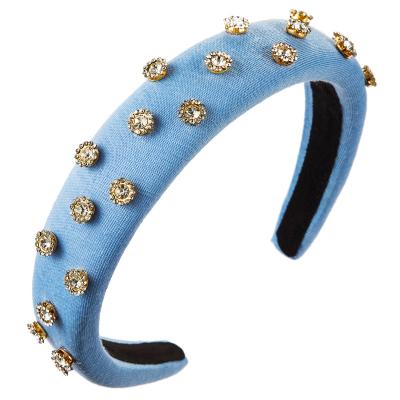 China Korean luxury rhinestone flower headbands faux stone velvet fashion fabric designer women thick padded diamond wide headband for sale