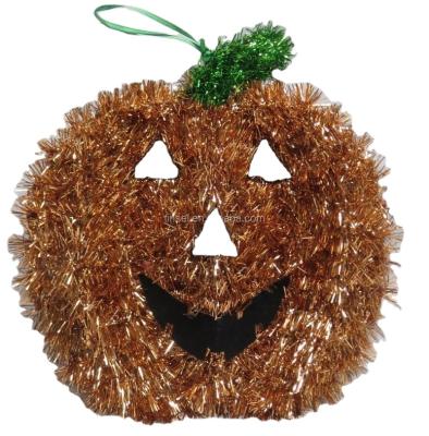 China Environmental Friendly Tinsel Pumpkin Halloween Wreath Door Hanging Decorations for sale