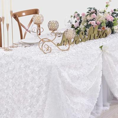 China Modern White Tablecloth 50x102 Inches Floral Rosette Decor Rectangle Satin Table Cover Wedding Tablecloth Party Table For Baby Shower for sale