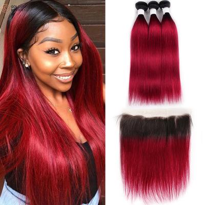 China Straight Water Wave Ombre Bundles With Closure 1B/burg Two Tone Bundles Human Hair Weave Brazilian Burgundy With Remy Lace Closure for sale