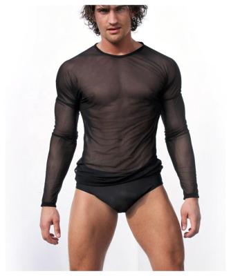 China Breathable Custom Men Tops Long Sleeve See-Through Knit T-shirt Mesh T-shirt GYM Sport Singlet Quick Dry Clothing for sale