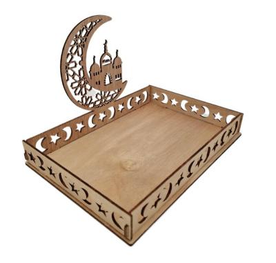 China Wooden Home Decoration Ramadan Crescent Pattern Decorations DIY Eid Mubarak Dessert Tray Crafts Wooden Festival for sale