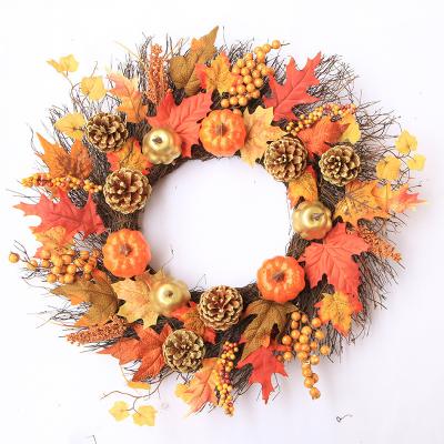 China / 45CM Artificial Door Wreath Autumn Fall Wreath Harvest Thanksgiving for Front Door Decoration with Pumpkins Maple Leaf and Berry for sale