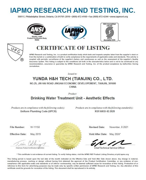 IAPMO - YUNDA H&H TECH (Tianjin) CO., LTD.