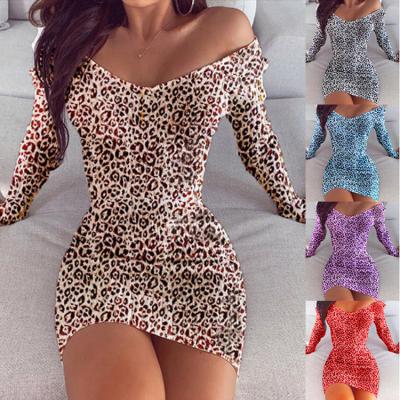 China 2020 Leopard Print Women's Long Sleeve Bodycon Midi Pencil Dress Elegant Sexy Breathable V-Neck Party Dress Women Dress for sale