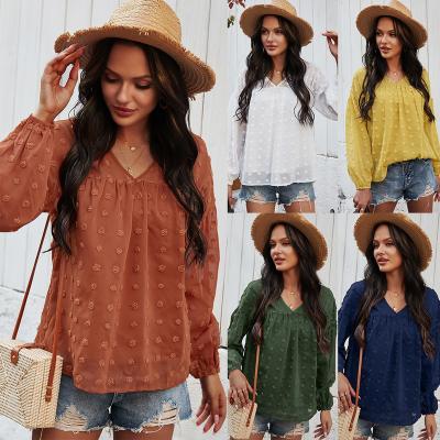 China RTS Women Hot Sale Autumn Summer Office Lady Solid V-Neck Anti-Shrink Chiffon Blouses Anti-Shrink Casual Elegant Ruffles Flare Sleeve Shirts Loose Tops for sale