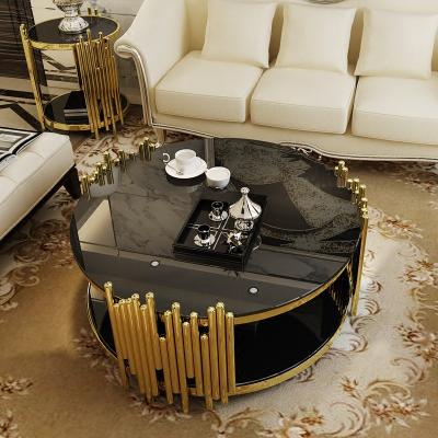 China (Other) Luxury round tempered glass coffee table gold stainless steel adjustable center view table for home cafe for sale