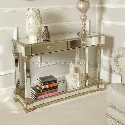 China Executive Mirror Fashion Mirrored Furniture Champagne Gold 2 Drawer Mirrored Console Table For Hallway Entry for sale