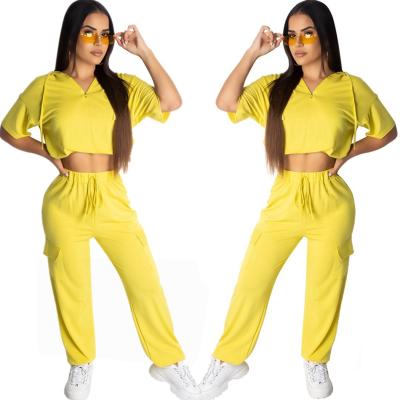 China New Arrival QUICK DRY Women's Fashion Loose Short Sleeve Crop Top Hooded 2 Piece Zipper Sports Suit for sale