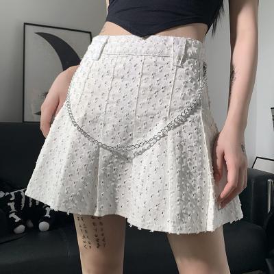 China Anti-Static Denim Pleated A Line Skirts Womens Chain High Waist Side Zipper Hollow Out Mini School Preppy Style Gothic Skirt Summer for sale