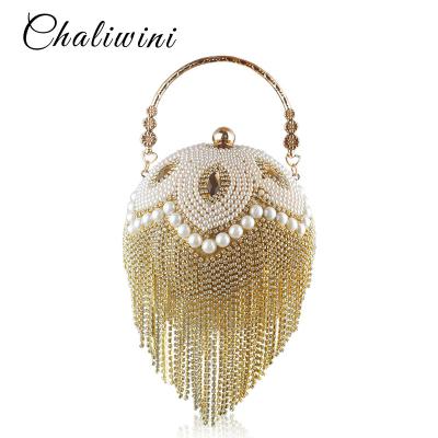 China Women Fashion Tassel Beaded Crystal Party Evening Bag Bridal Round Ball Wrist Beaded Round Clutch Purse Handbag for sale