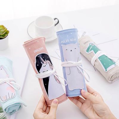 China Cylindrical soft cotton and line available creative pencil pouch zipper closure style roll up pencil bag for sale