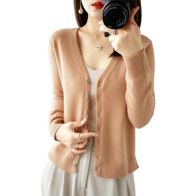 China Anti-wrinkle women knitting solid color v-neck button thin soft knit cardigan sweater for sale