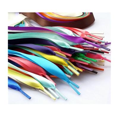 China Custom high quality flat shoe lace, excellent flat silk satin laces shoe lace with plastic/metal clasp for sale