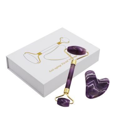 China Jade Facial Roller Massage Tools Dual Face Quartz High Quality Natural Purple Stone Head Gua Sha Set for sale