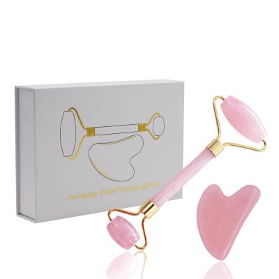 China Wholesale Pink Rose Rose Heart Shaped Natural Jade Facial Quartz Roller Massager Gua Sha Sha Set for sale