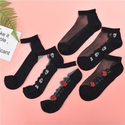 China Personality Breathable Lace Socks Summer Rose Flower Socks For Women Transparent Breathable for sale