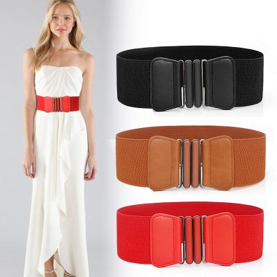 China Fashion Solid Color Belt Stretch PU Leather Belt Casual Wide Side Elastic Belt Accessories Women for sale