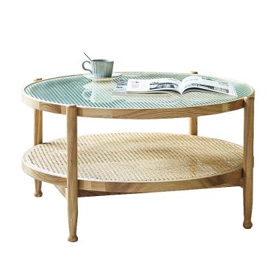 China Japanese homestay coffee table living room furniture rattan solid wood round glass top coffee table Japanese hot sale for sale