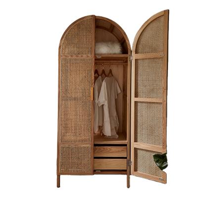 China Amazon new product Japanese style log color simple and solid wood modern minimalist double door wardrobe rattan wardrobe for sale