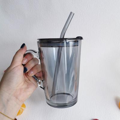 China New Design 450ml Viable Custom Trending Glass Mugs With Handle Coffee Milk Mugs Glass Mug With Straw for sale