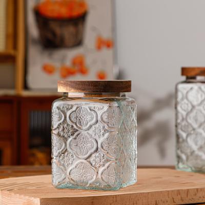 China Vintage Food Canister Storage Glass Jar With Seal Wood Lid Retro Design For Kitchen Countertop for sale