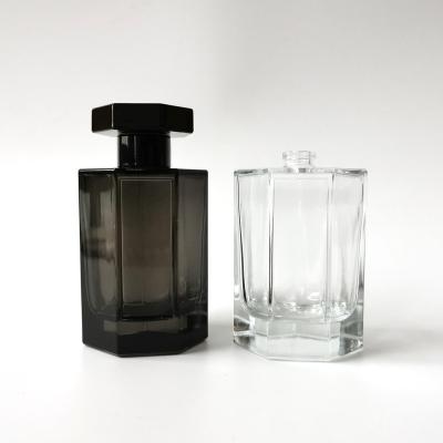 China Wholesale Custom Design 100ml Cosmetic Hexagonal Recyclable Cosmetic Perfume Black Clear Glass Bottles for sale