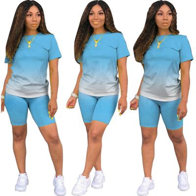 China Wholesale New Arrival QUICK DRY Hot Product Ladies 2 Pcs Yoga Gradient Ramp Multicolor Plus Size Tracksuit Summer Women Two Piece Set for sale