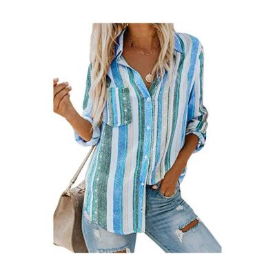 China Anti-pilling Women Soft Button Tops Fashion Loose Blouse Colorful Striped Long Sleeve Shirts for sale