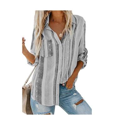 China Autumn Turn-Down Collar Full Sleeve Casual Blue and White Striped Women's Anti-Pilling Tops for sale